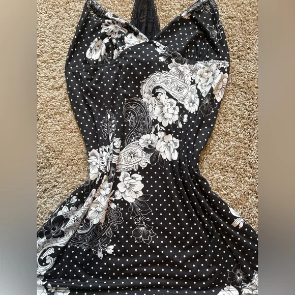 Secret Treasures Black and White Polka Dotted Floral Slip Dress - Picture 2 of 6